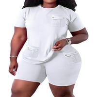 Niveer Women Jogger set s kratkim rukavima salon sa sobom čvrste boje dvije outfitne lagane majice + kratke hlače Crta zrnca bijela l