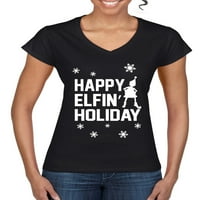 Happy Elfin Holiday ružni božićni džemper ženski V-izrez Tee, crni, 2xl