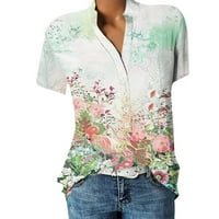 SKSLOEEeeeeeene bluze za ženske retro cvijeće print Dressy bluza V izrez kratki rukav na vrhu ljesto casual majice s džepom za posao, zeleni xl