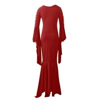 Haljine za dom dugih rukava modne žene, pune boje dugih rukava, retro prepreka s hip haljinom crvena