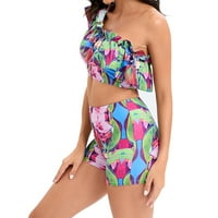 Dvije odijelo za kupanje za žene jedno rame Vintage cvjetni ispis Ruffled kupaći kostim s boyshorts-u visokog struka Tummy Control bikini set