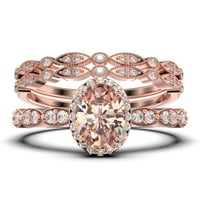 Art Deco 2. Karat ovalni rez Morgatit i dijamantni Klasični zaručni prsten, halo vjenčani prsten u srebru od srebra sa 18k ružičastog zlata za nju, Trio set, podudaranje
