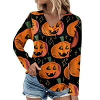 Vrhovi za žene s dugim rukavima V vrat Halloween Print majica Labavi pulover casual bluza narandžasta