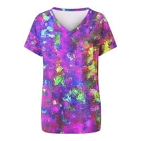 Bazyrey Womens Ljetni vrhovi cvjetna tiskana bluza ženka V vrat casual kratkih rukava labave majice ljubičaste l