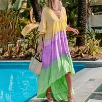 Ženski blok u boji Ispiši labavi nepravilni rufffle Hem midi haljine Ljetni V-izrez gumbi na lisnato