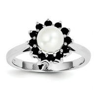 Sterling Silver Rhod Slatkovodni salvirani gumb Pearl & Sapphire Ring