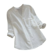 Huaai Womens Plus Veličina casual vrhova Pamučna posteljina Ležerne prilike pune dugih rukava bluza za bluzu majice dolje bijela m