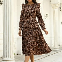 Haljine za žene dugih rukava leopard uzorak haljina okrugla vrat ruffle midi fit i flare y2k modni elegantni