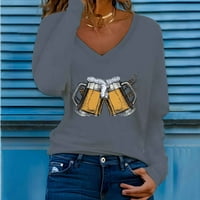Fjofpr Ženo na vrhu majice s dugim rukavima za žene plus veličine V izrez PET festival tiskarskih vrha dame casual prozračna labava fit pulover bluza s majicom