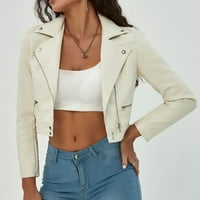 Dianli Womens Trendy kratka koža Loose Jacket zatvarač UP udobne kapute od polje na dugih rukava Ogrlica