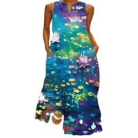 Žene Maxi haljine cvjetni print dugački haljina ljetna bez rukava za plažu Osnovna plava bijela 2xl