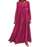 Ženska casual haljina s dugim rukavima okrugla izrez asimetrična ruffle dress SOLID labavi bljesak maxi haljina