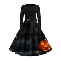 Cuoff Gothic Crne haljine za žene Goth Halloween Print Flare s dugih rukava O-izrez Party Casual Yellow