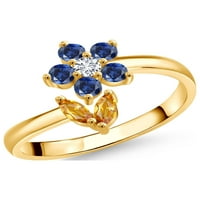 Gem Stone King Keren Hanan Cvjetni otvor za žene 0. CT Žuti citrinski plavi stvorio Sapphire 18K žuti pozlaćeni srebrni prsten