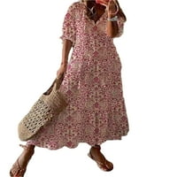 ZDCDCD Womens V izrez kratki rukav cvjetni print labavi boemian Long Maxi haljina