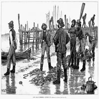 Ribari na obali, 1884. N'Long Island Ribari - Dijeljenje. Graviranje drva, američki, nakon Arthur Burdett