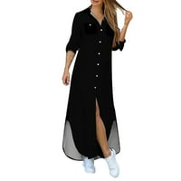 Ženska modna štampa asimetrična haljina rever gumbi V-izrez dugih rukava košulja za dugih rukava crna xxxl