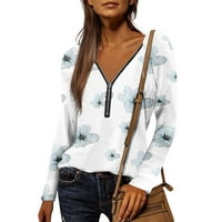Strungten ženska bluza za bluze Ležerne majice Print dugih rukava V izrez patent zatvarača TEE pulover
