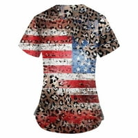 SKSLOEEG Scrip vrhovi Žene Ljeto Plus Veličina Američka zastava Print Patriot Top Top Short rukava V-izrez V-izrez Tors sa džepovima Radna uniforma, Leopard Print XL