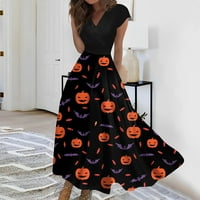 Bazyrey Halloween trendy haljine za žene Žene Ljetna moda Halloween Print V izrez Kratki rukav Maxi haljina crna s