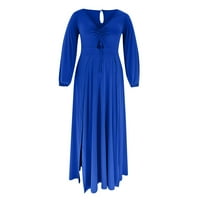 Yuwull maxi haljina za žene sandress ženska moda jesen duboka v čvrsta boja s dugim rukavom strukom Ženska prorezna haljina Plava plaža haljina na klirensu