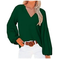 Grafičke teže za žene Vintage Modni V-izrez V-izrez Solid Casual Majica Bluza Green S