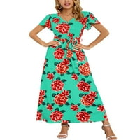 Colisha Dame Ljeto Plaže Sundress kratki rukav Maxi haljine cvjetni ispis duga haljina labava zabava v izrez zelena l