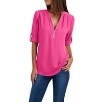 Atinetok Womens Ljetni vrhovi Comfy Lightweighichichon Plus size Košulje sa zatvaračem V-izrez Slici s kratkim rukavima Solies Trendy Bluze Hot Pink 2xl