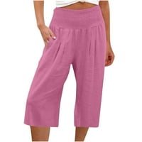 Capri pantalone za žene Ljeto Visoko struka pamučne platnene labave pantalone široke noge udobne salone pant pantalone džepovi vruće ružičaste XL