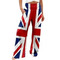 Dan nezavisnosti Ispiši hlače Žene Ljeto pamučne posteljine elastične struke Široke noge Pantalone Ležerne