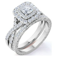 1ct - Square Diamond - dvostruki halo - upleten bend - vintage inspiriran - Pave - vjenčani prsten set u 10k bijelo zlato