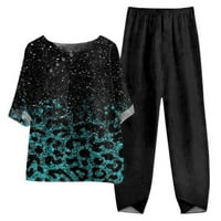 Žene plus veličina posteljina Leopard Boja blok setovi Ljetni casual vrhovi sa elastičnim strukom Capris pant TrackSit set outfit crewneck kratki rukav outfit crni xxl