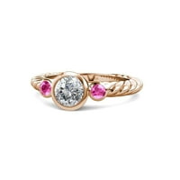 Dijamant i ružičasti safir tri kamena konopska prstena 0. CT TW u 14K ružičastog zlata.Size 4.5