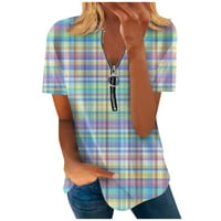 Ženski vrhovi Ženski ljetni temperament Palid tiskani V-izrez Zip majica kratkih rukava Top Multicolor