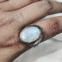 Rainbow Moonstone Muški prsten, prirodna plava vatra duga Moonstone, srebrni nakit, srebrni prsten,
