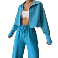 Ženske hlače postavljene ležerne odjeće srušene košulje s dugih rukava useljene vrhove elastične struke duge hlače salonske set jakne sa setvima sa džepovima Blue XL
