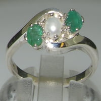 British napravio 10k bijelog zlatnog kulturnog bisera i smaragdnog ženskog trilognog prstena - veličine opcije - veličine 5