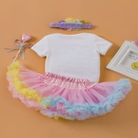 Blotona Todddle Baby Girl Rođendanska odjeća Postavite pismo s kratkim rukavima Ispiši romper + šarena tulle frill suknja + cvjetna traka za glavu