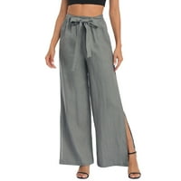 pantalone za žene žensko pamučno posteljina elastična nacrtača struka labave široke noge čvrste hlače sa džepovima sive + s