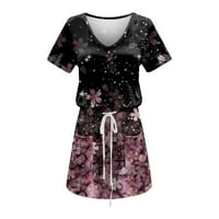 Ljetne haljine za žene cvjetni mini kratki rukav Slobodno vrijeme V-izrez Crna s