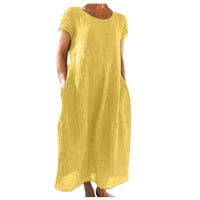 GDFUN Ženska ljetna casual puna boja kratki rukav O-izrez za šivanje labavog džepa pamučne haljine ženske haljine