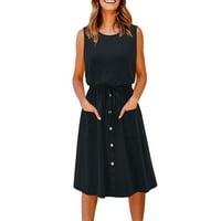Ženske haljine Žene Ljeto labavo okrugle vrat rukava bez rukava sa džepnim gumbom Dugme od pune boje haljine za žene Black XL