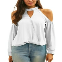 Žene Ležerne prilike sa labavim hladnim ramenima Halter vrat izdubljeni majice s dugim rukavima bijeli XL