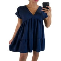 Dame mini haljine V izrez T majica haljina od pune boje zasebnica vrećica ljetna mornarica plava l