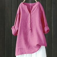 Hanzidakd ženski gumb dolje majice padaju i zimski dugi rukav V-izrez pamuk plus veličina punog gumba niz košulje ružičasta 3xl