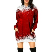 Ženske padajuće haljine Petite božićni print dugih rukava džep s kapuljačom duksere haljina tunička dukserica crvena l