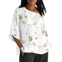 Huachen Womens Ljeto pamučno posteljina majica tiskati labavi fit bluza rukav vintage crewneck plus