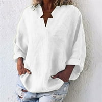 Košulje s dugim rukavima za ženske klirence plus veličine Žene pune boje dugih rukava od pamuka i labave labave majice bluza V-izrez casual tops bijeli