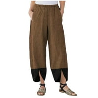 Žene kapri hlače posteljina, žene ljetni casual elastični džepovi visokog struka posteljine kapri hlače