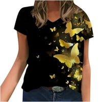 Scyoekwg Ljetni ženski vrhovi lagane labave udobne majice Vrhovi V-izrez Grafički kratki rukav majica Ležerne u trendovskom leptirskom bluzu # a = žuti s
